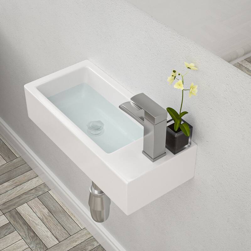 Lordear 14.5 inch White Rectangular Ceramic Wall Hung Sink with Side Faucet Mount