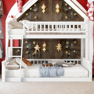 White Wooden Twin XL over Queen Detachable Bunk Bed with Ladder and Guardrails