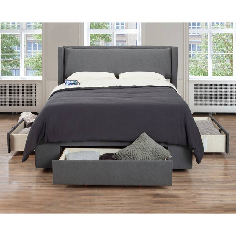 Republic Design House Pillowed Headboard Upholstered 3 Drawer Storage Bed, Grey Polyester