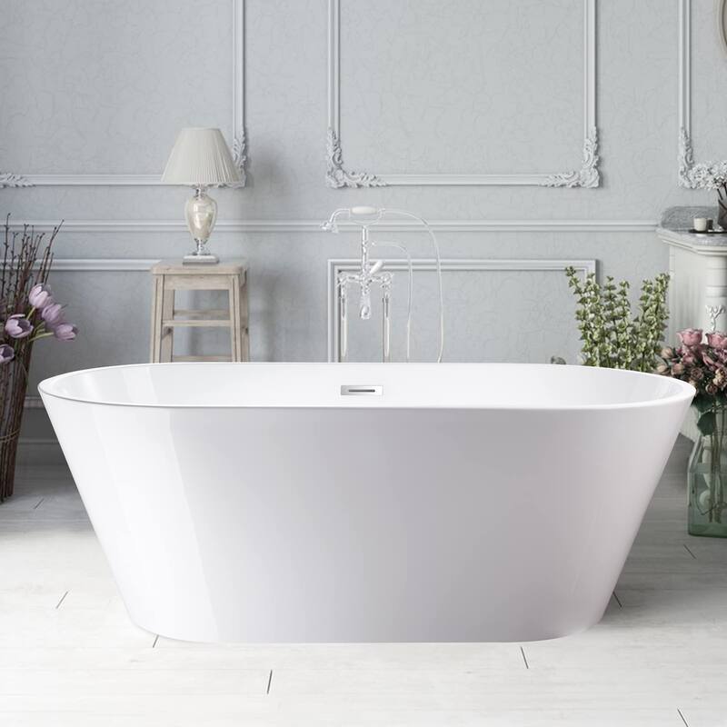 Vanity Art 59" Non-Slip Acrylic Freestanding Soaking Bathtub with Overflow & Pop-up Drain