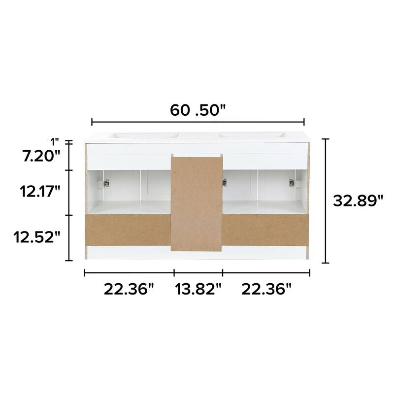 Spring Mill Cabinets Nimay 60.5" Double Bathroom Vanity With 5 Drawers, 2 Cabinets, and White Sink Top