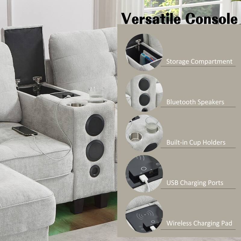 Roomfitters 126 Inch U-Shaped Modular Sectional Sofa with Storage Ottomans and Bluetooth Console