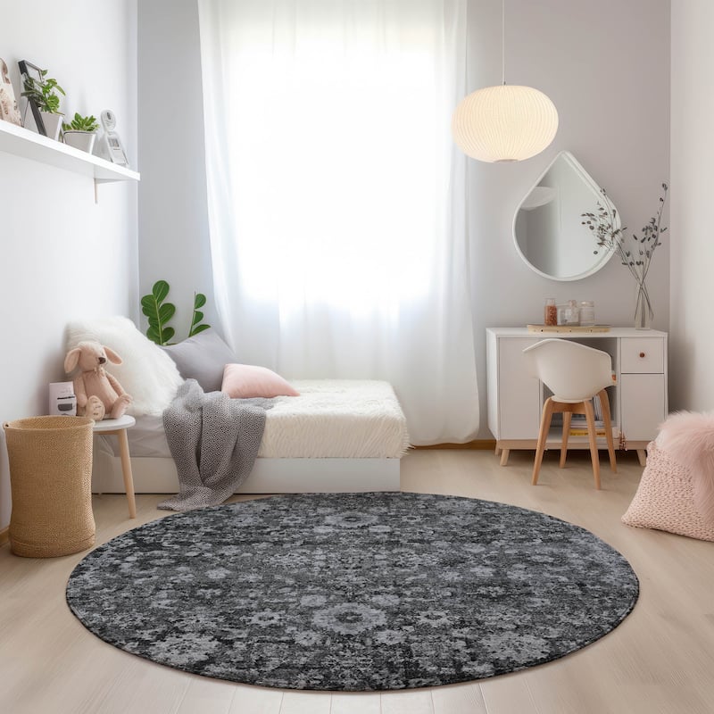 Machine Washable Indoor/ Outdoor Chantille Traditional Vintage Floral Rug - Gray - 8' x 8'