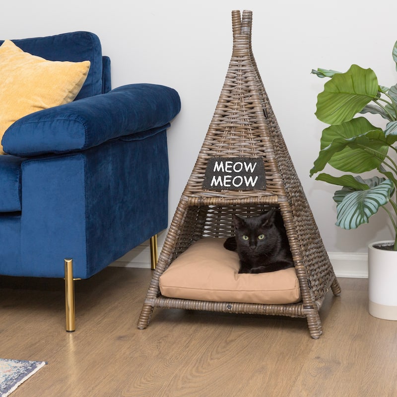 Tiki Tent 20" x 20" Coastal Handwoven Rattan Cat Bed with Machine-Washable Cushion, Kubu Gray