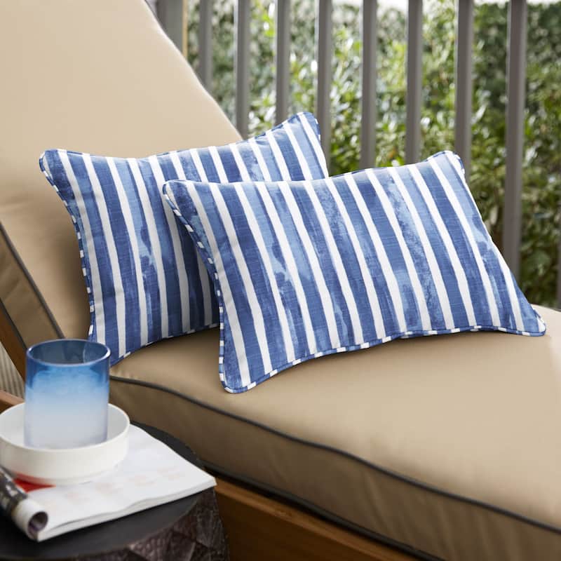 Sorra Home Blue and White Stripe Indoor/Outdoor Corded Lumbar Pillows (Set of 2) - 20 x 13 x 6 - Nelson Commodore Blue