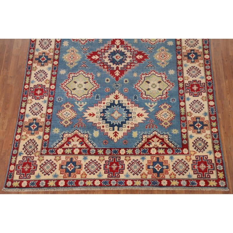 Hand Knotted Oriental 100% Wool Carpet Traditional Geometric Navy Blue & Blues Kazak Area Rug - 9' 10'' X 6' 8''