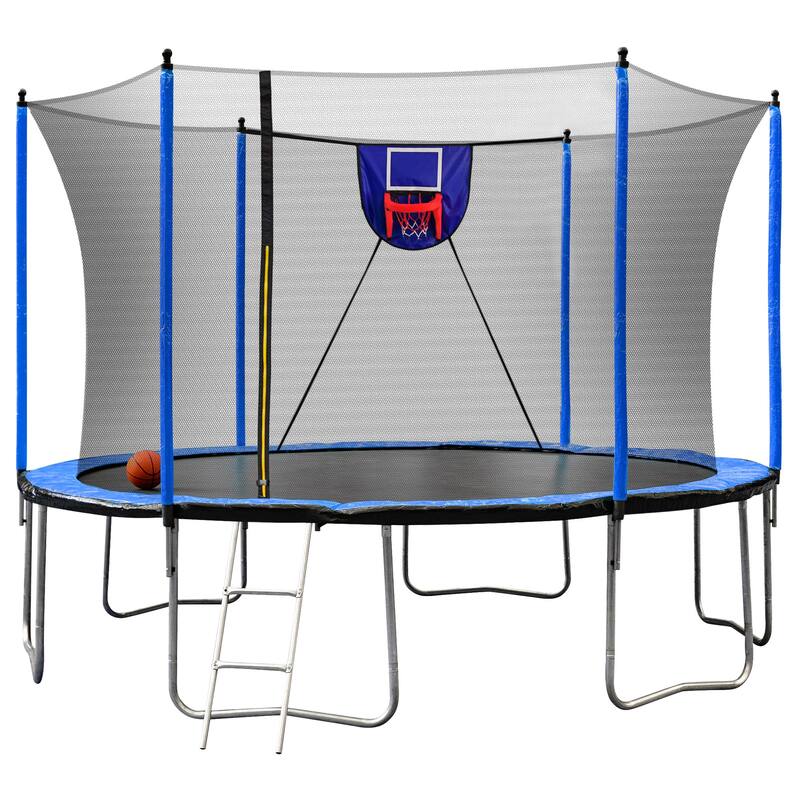 15FT Trampoline with Basketball Hoop Inflator and Ladder, 6pcs extra safety net pole sleeves- Blue
