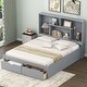 preview thumbnail 2 of 10, Queen Size Solid Pine Wood Platform Kids Bed Frame with Built-In Storage Shelves of the Headboard and 2-Drawers, Grey