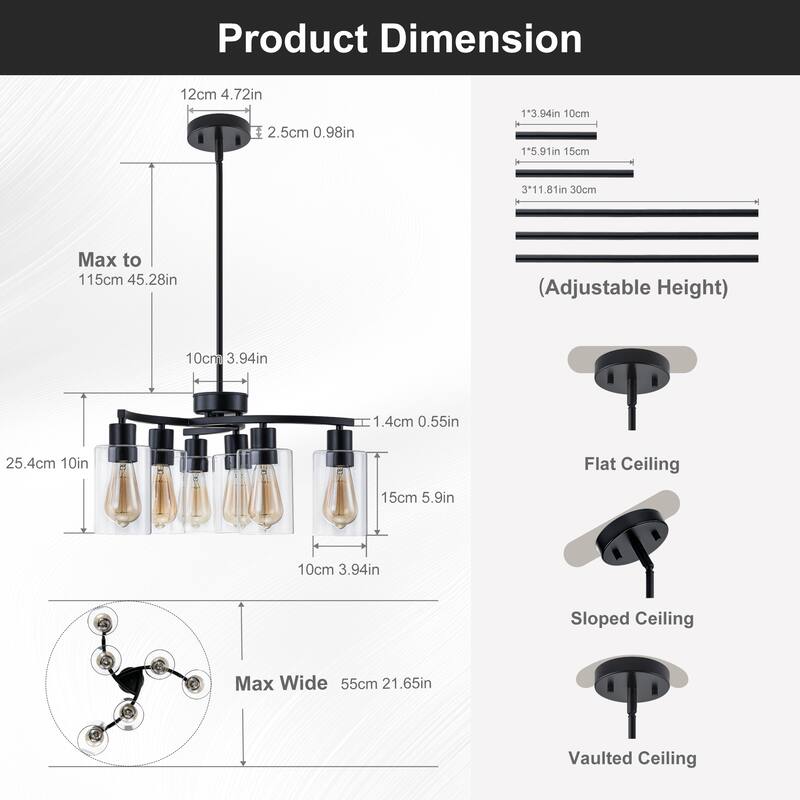 Modern Farmhouse 6-Light Chandeliers for Dining Room Light Fixture over Table with Clear Glass Shade