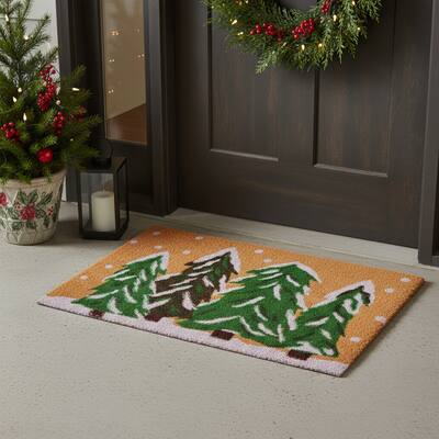 HomeRoots 36" X 72" Brown Green And White Christmas Trees Outdoor Coir Door Mat - 36.00' X '72.00