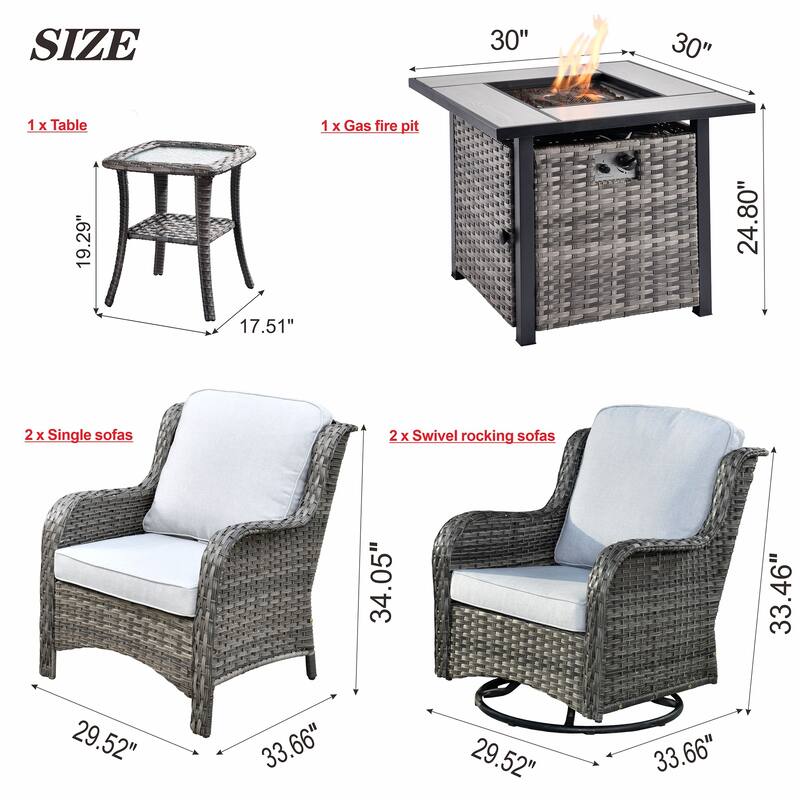 OVIOS Grey Wicker 6-piece Patio Furniture Set Swivel Rocking Chair With Fire Pit
