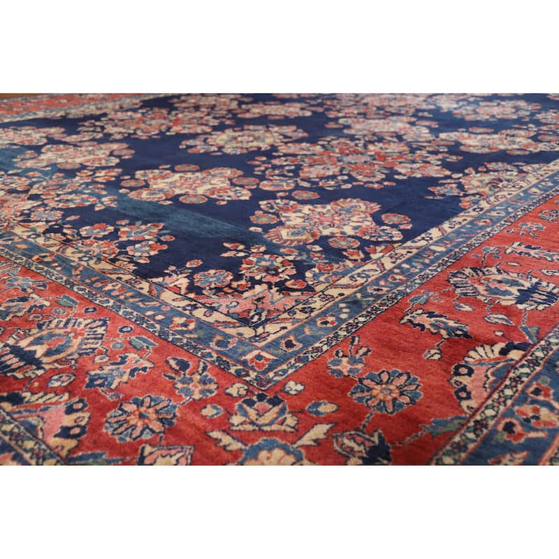 Hand Knotted Oriental 100% Wool Carpet Traditional Floral Navy Blue & Blues Sarouk Area Rug - 18' 7'' X 11' 1''