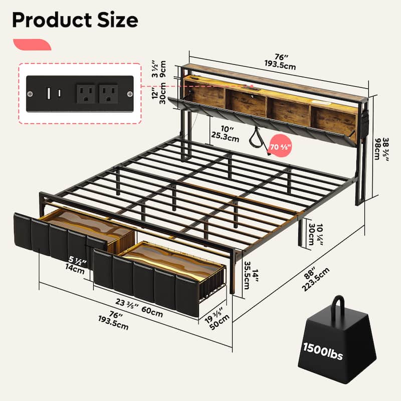 Bed Frame Storage Platform Bed with Charging Station Headborad and LED Ligths