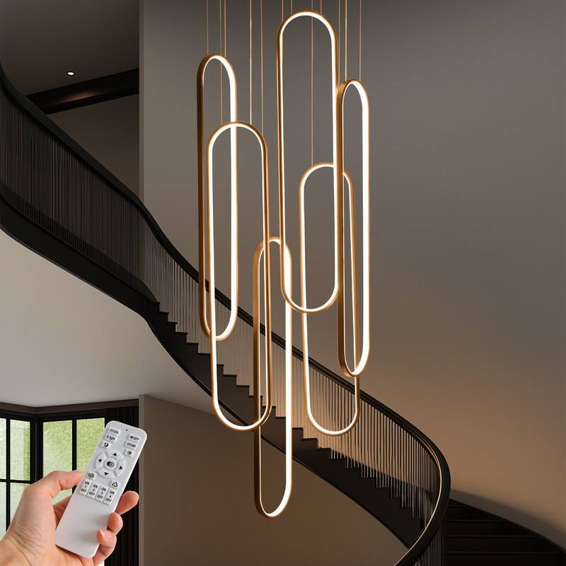 Modern Chandelier 6 Ring Adjustable Height Long Staircase LED Chandeliers Foyer Ceiling Light - 23.62in - Black