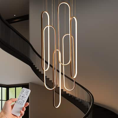 Modern Chandelier 6 Ring Adjustable Height Long Staircase LED Chandeliers Foyer Ceiling Light