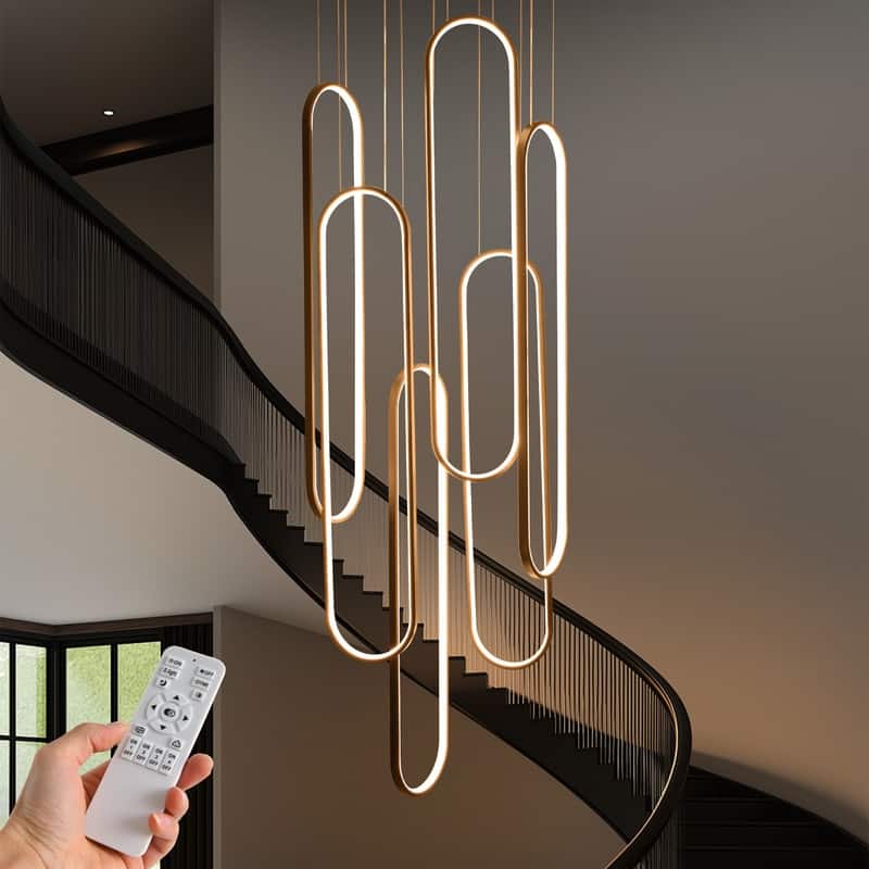 Modern Chandelier 6 Ring Adjustable Height Long Staircase LED Chandeliers Foyer Ceiling Light