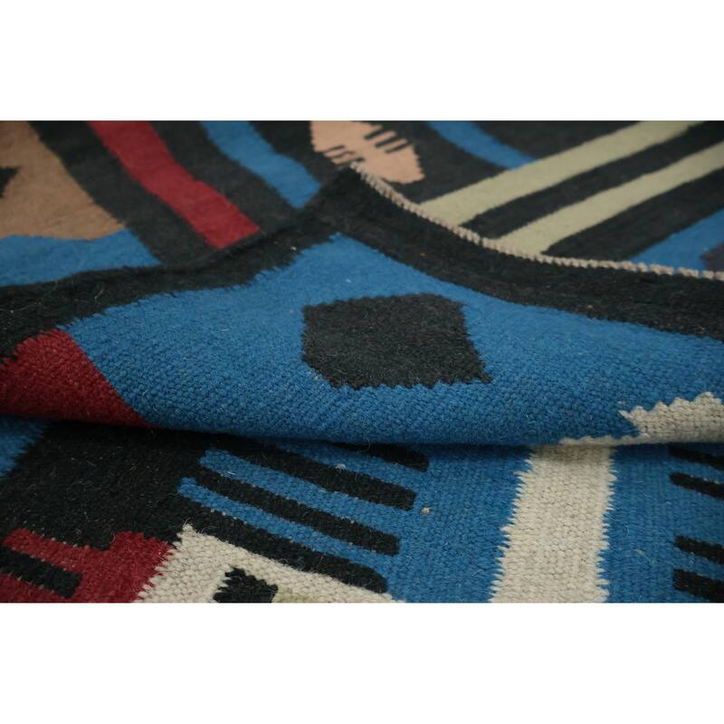 Hand Woven Oriental 100% Wool Carpet Southwestern Tribal Navy Blue & Blues Kilim Area Rug - 9' 11'' X 5' 4''