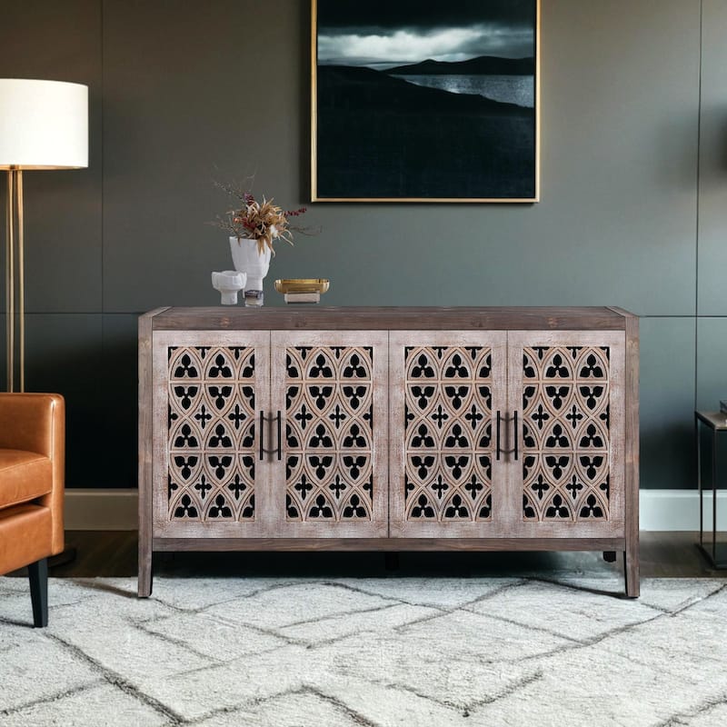 Hollow Four Door Antique Cabinet, American Country Style, Suitable for Living Room, TV Cabinet, Kitchen - Antique brown