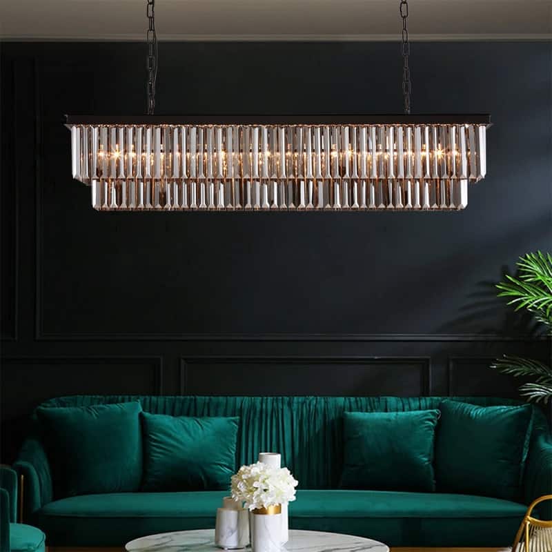 47 in. Smoked Gray and Black Modern Contemporary Crystal Chandelier 2-Tier Linear Kitchen Island Pendant Light for Dining Room - 47 INCHES