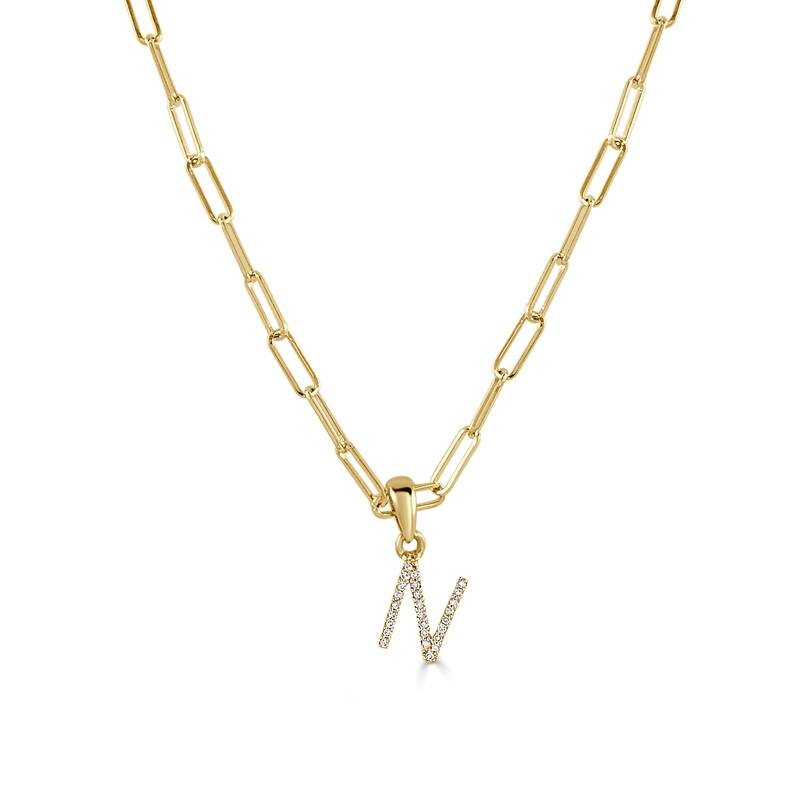 Joelle Collection Diamond Initial Letter Necklace Paperclip 14K Gold 16-inch Chain 1/10 TDW Necklace - N - Yellow
