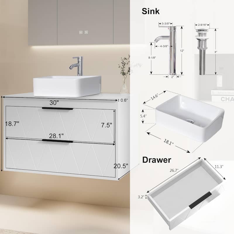 Modern Wall Mounted Bathroom Vanity Set with Vessel Sink & Faucet