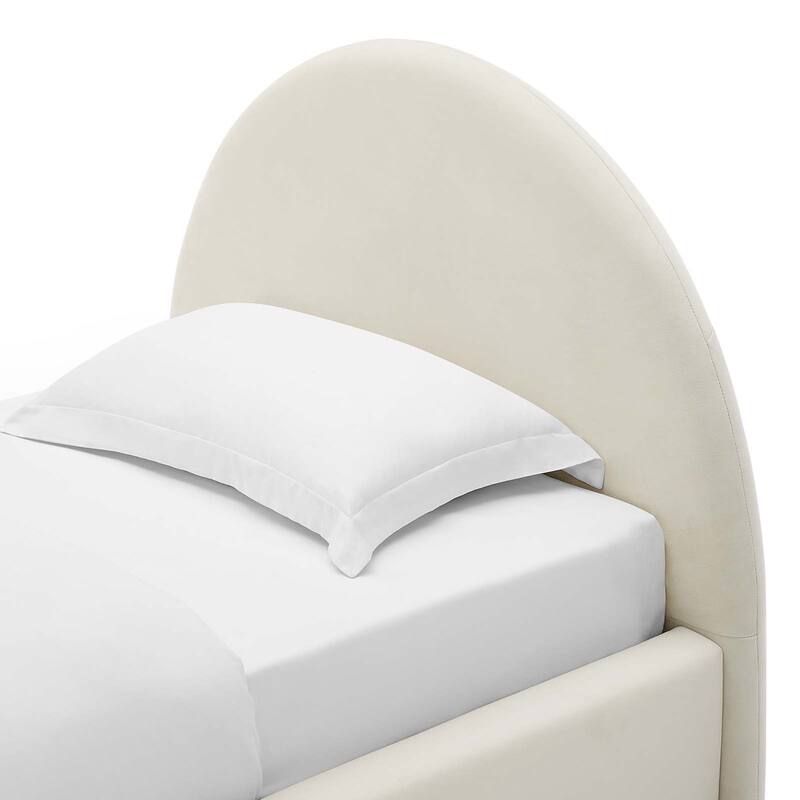 Palmetto Modern Round Headboard Off-white Velvet Upholstered Twin Size Platform Bed
