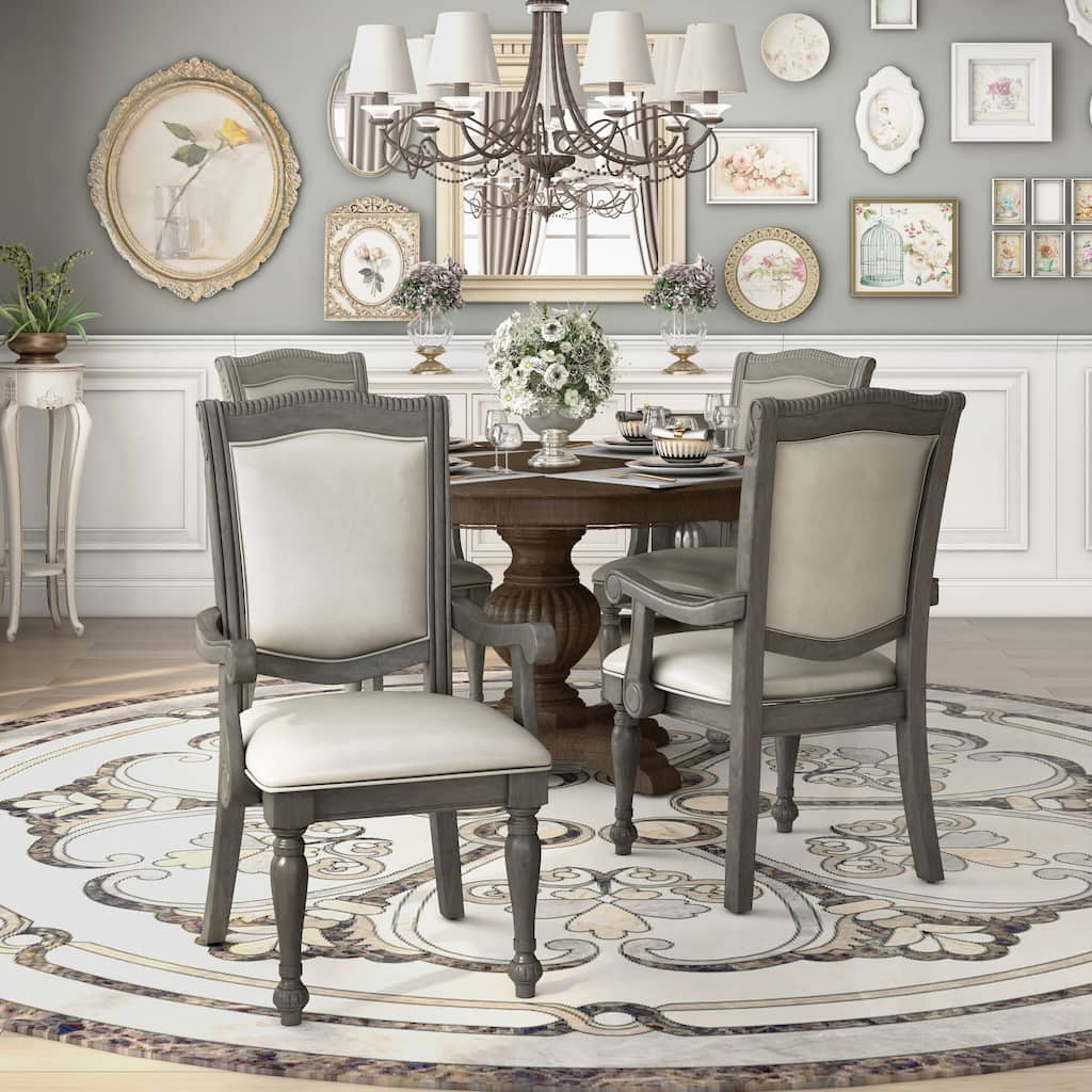 Tima Traditional Grey Faux leather Padded Dining Arm Chairs by Furniture of America (Set of 2)