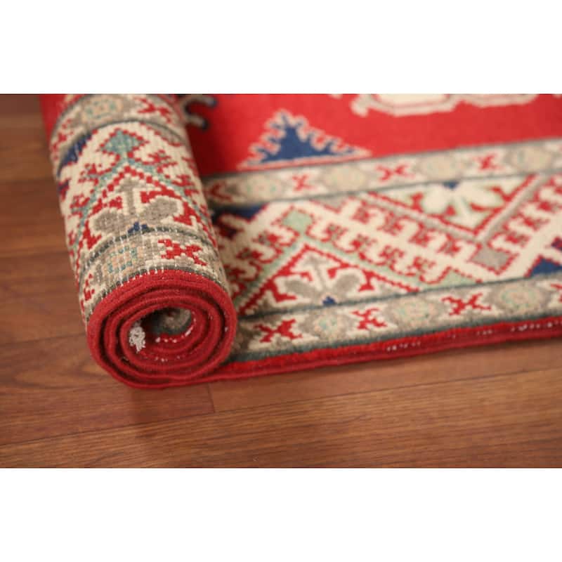 Geometric Kazak Foyer Rug Handmade Red Traditional Wool Carpet - 2'8"x 4'2"