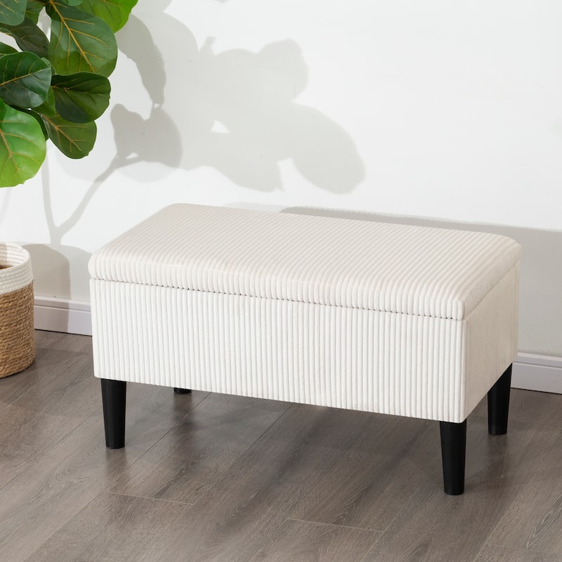 Adeco 32" Upholstered Storage Ottoman Bench with Corduroy Fabric - 31.7"X15.9"X17.5" - Cream