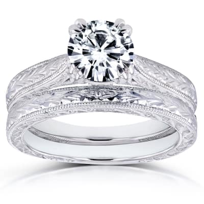 Kobelli 1 Carat Moissanite & Diamond Accent Solid 14k White Gold Antique Cathedral Valentina 2pc Bridal Rings Set