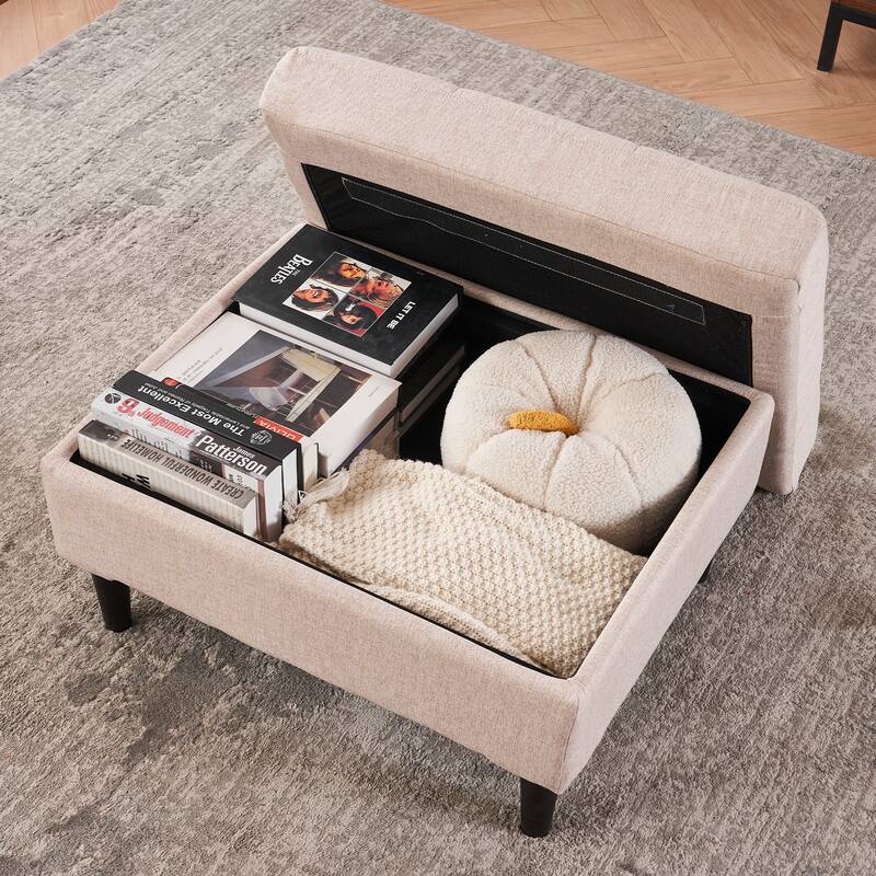 Beige Upholstered Armchair and Storage Ottoman Set with Cup Holders and Tufted Detailing