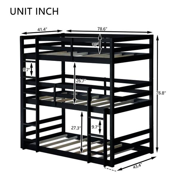 dimension image slide 0 of 2, Grey Triple Rubber Wood Bunk Bed with 2 Built-in Ladders, Guardrails, Twin over Twin over Twin, Detachable Triple Twin Bed