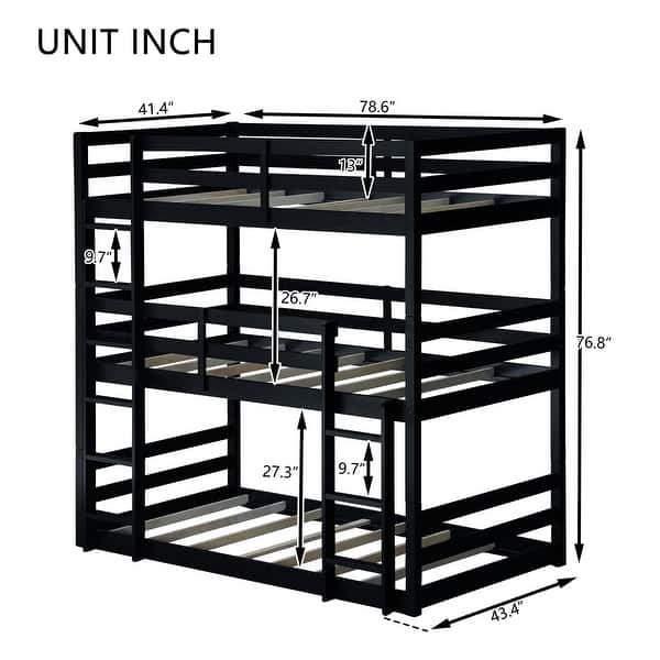 dimension image slide 1 of 3, Rubber Wood Bunk Bed with Two Built-in Ladders, Guardrails, Detachable Triple Twin Bunk