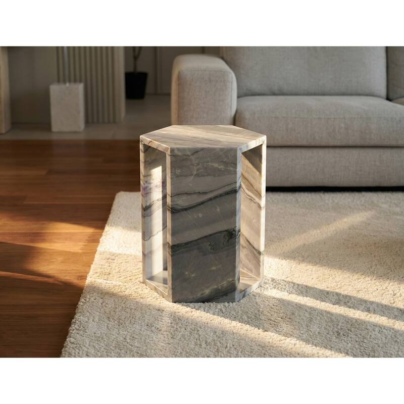 Roomfitters Luxury Natural Marble Hexagon Side Table, Solid Stone Geometric Pedestal End Table, Polished Finish