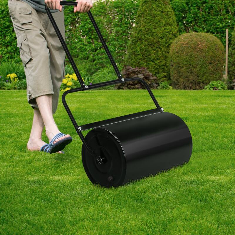 Black 10 Gallon Steel Lawn Roller with U-Handle for Even Grass and Sod Flattening - (19 x 12.6 x 43)" (L x D x H)