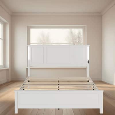 Modern Queen Size Bed Frame with Wood Headboard, LED Light Bar and Charging Station, No Box Spring Needed, Bedroom Furniture
