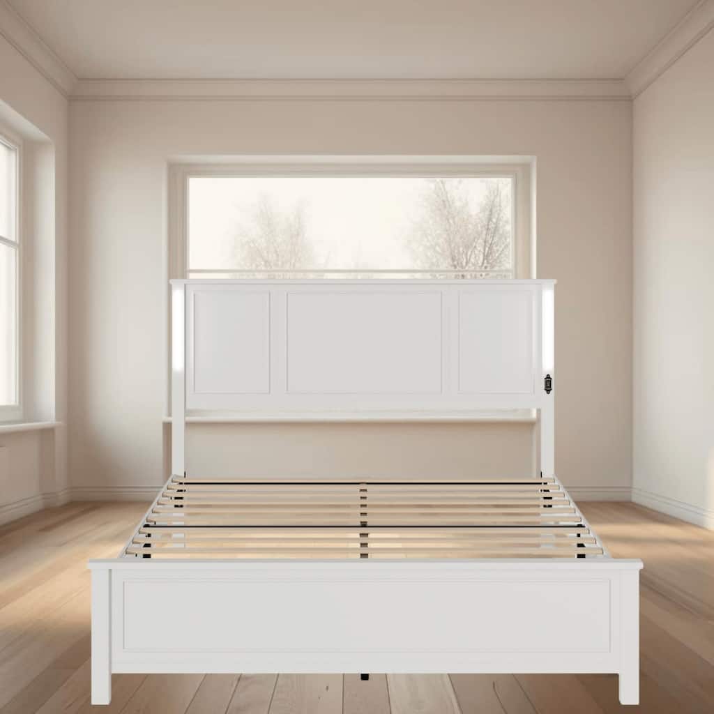 Modern Queen Size Bed Frame with Wood Headboard, LED Light Bar and Charging Station, No Box Spring Needed, Bedroom Furniture