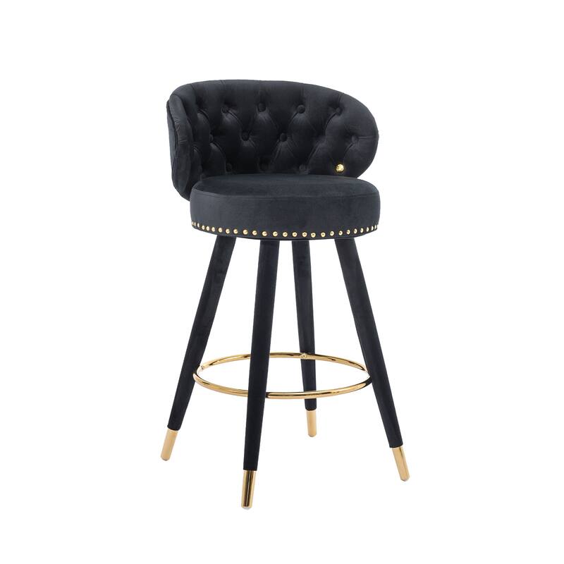 Set of 2 Counter Height Velvet Bar Stools with Solid Wood Legs