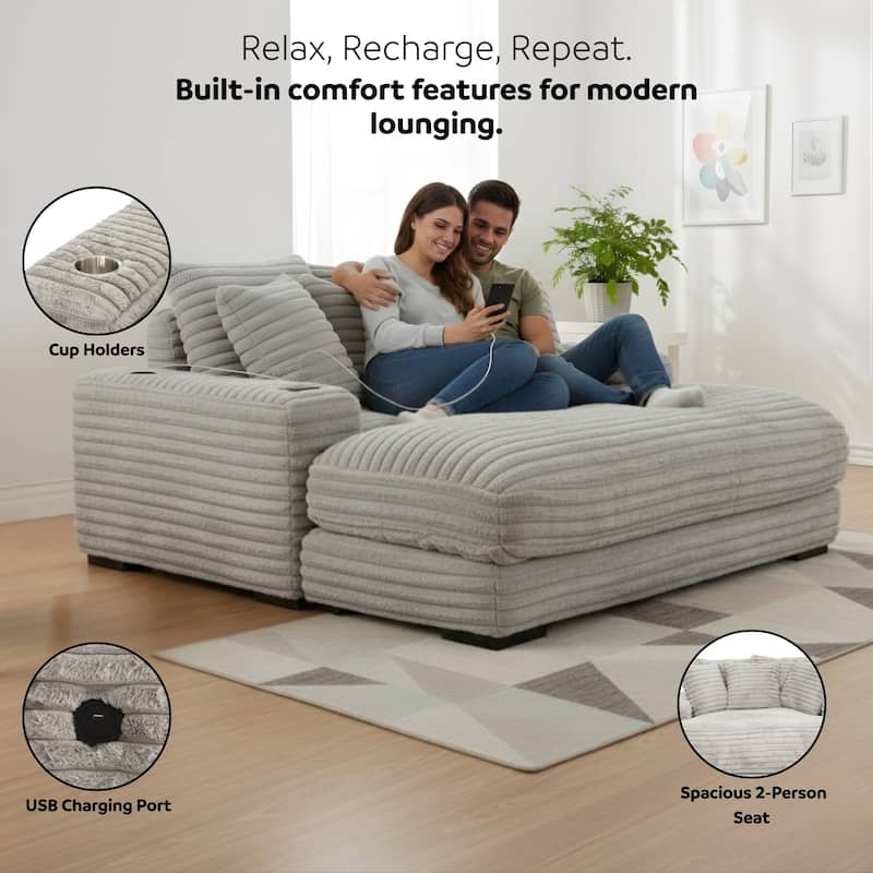 Cocoon Faux Fur Corduroy Oversized Chaise Lounge with Cupholders and USB/USB-C