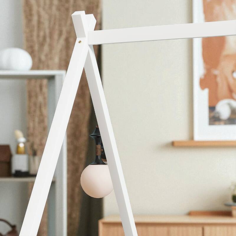 Full Size Rubber Wood Teepee Floor Bed with Guardrails, Slats and Door for Kids Bedroom