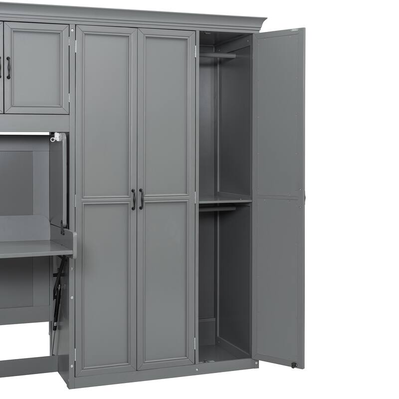 Twin Size Murphy Bed with Wardrobe, Cabinet, and Desk in Gray