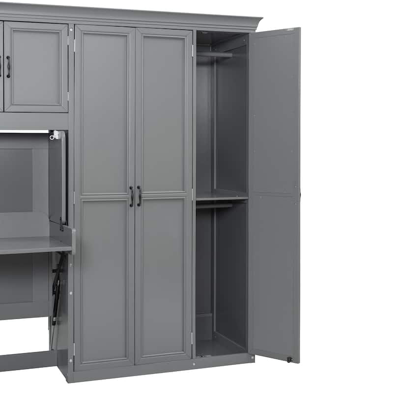 Versatile Twin Size Murphy Bed Fold-down Storage Wall Bed with Temporary Desk, Top Cabinets, Side Wardrobe, Drawers and Shelves