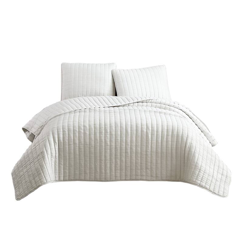 3 Piece Crinkles King Size Coverlet Set with Vertical Stitching, White