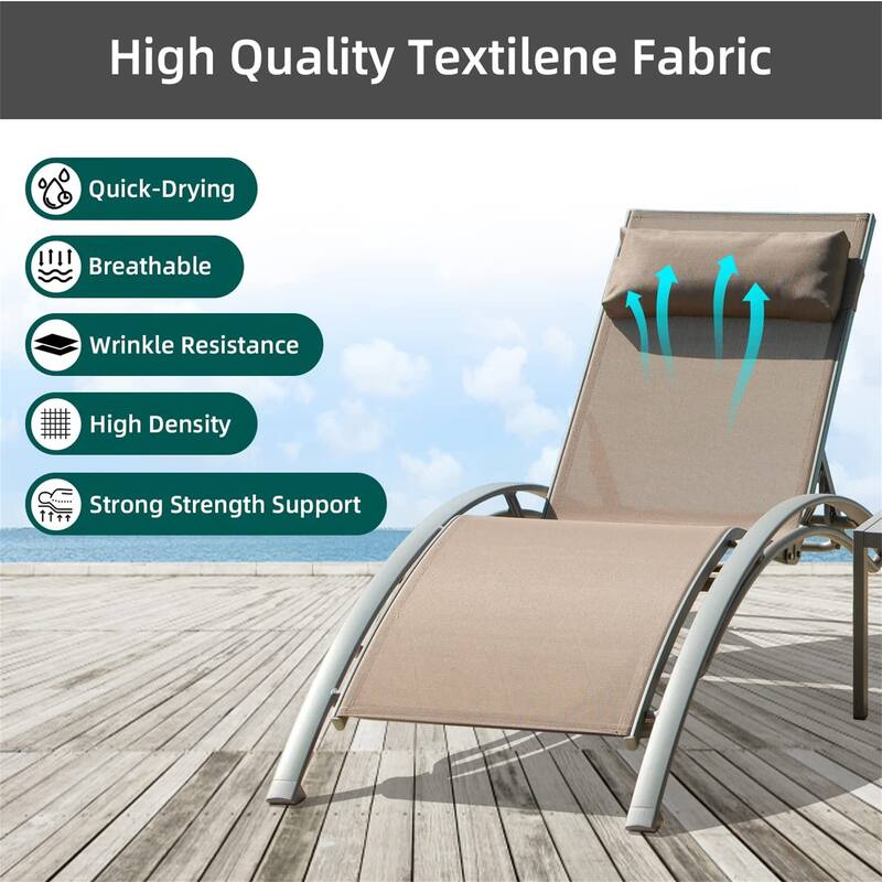 Rustproof Chaise Lounge Chairs Set of 3, Curved Adjustable Outdoor Reclining Chair with Removable Pillow & Side Table