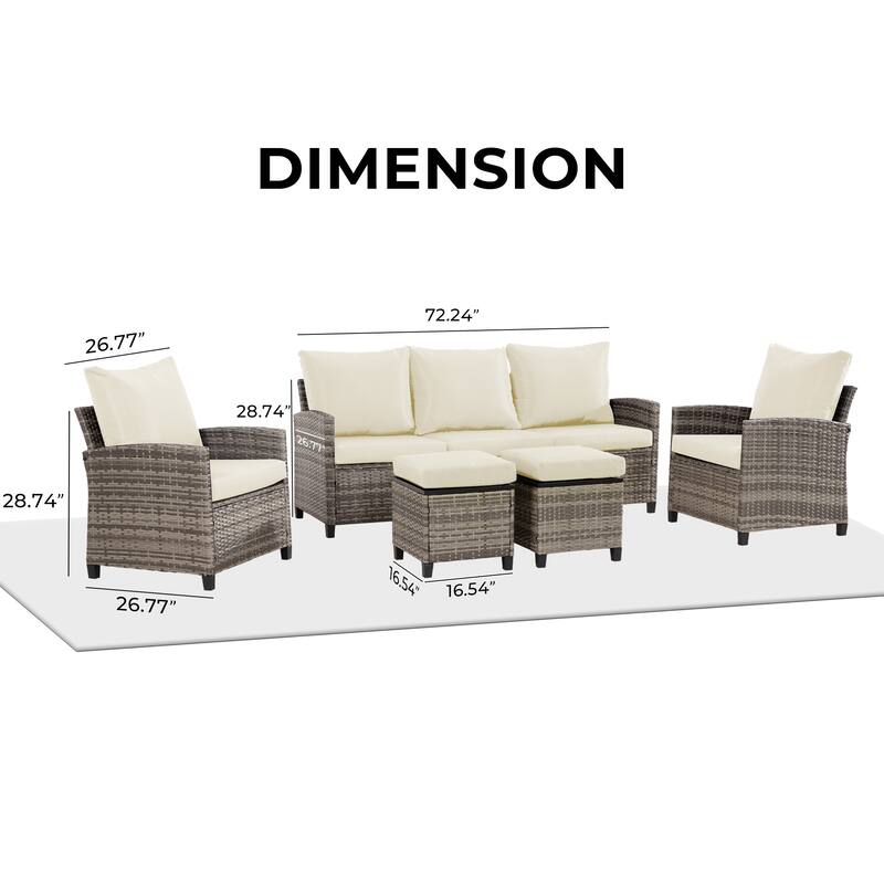 6-Piece Outdoor Patio Sofa Set with Cushions and Ottomans, All-Weather PE Wicker Sectional Conversation Furniture