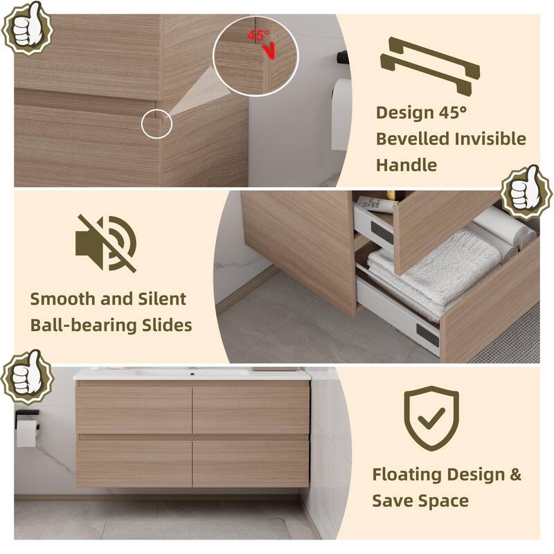CB HOME 24''/30''/36''/48''/60'' Wall Mounted Bathroom Vanity with Sink, OAK Floating Bathroom Vanity Cabinet with Sink,Drawers.
