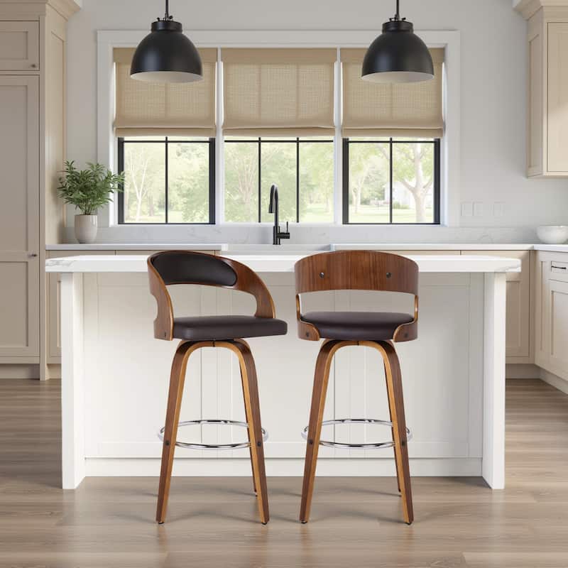 Shelly Mid-Century Swivel Bar Stool, Upholstered Counter Height Chair with Bentwood Legs - Brown & Walnut - Counter Height - Set of 2