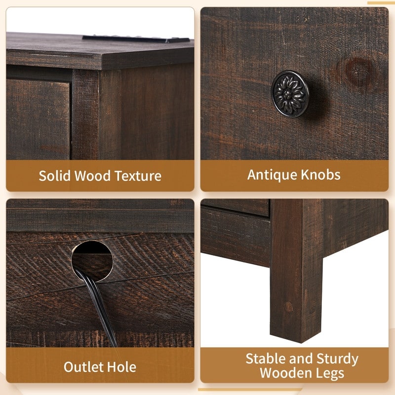 Brown Solid Wood Nightstand with 3 Drawers with USB & Type-C Ports, 2 Power Outlets