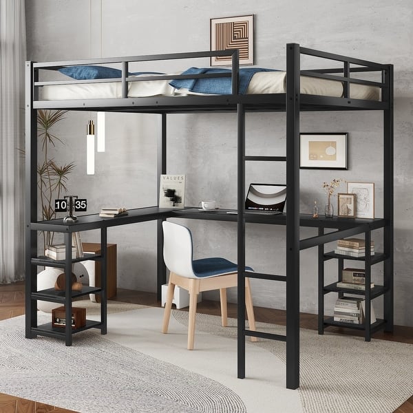 slide 2 of 25, Full Size Metal Loft Bed with Desk and Shelves, Ladder, and Guardrails Full - Black