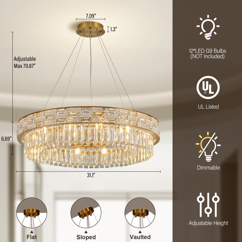 KAYLA Crystal Chandelier - Large K9 Crystal Pendant Light for High Ceilings, Entryway, Foyer, Dining Room & Living Room